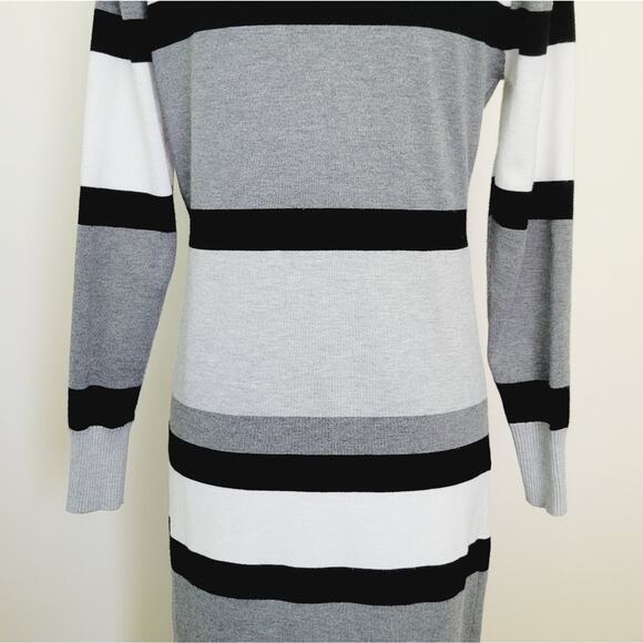 Women's Striped Long Open Cardigan - Black White Gray Size Small Sweater - Picture 5 of 11